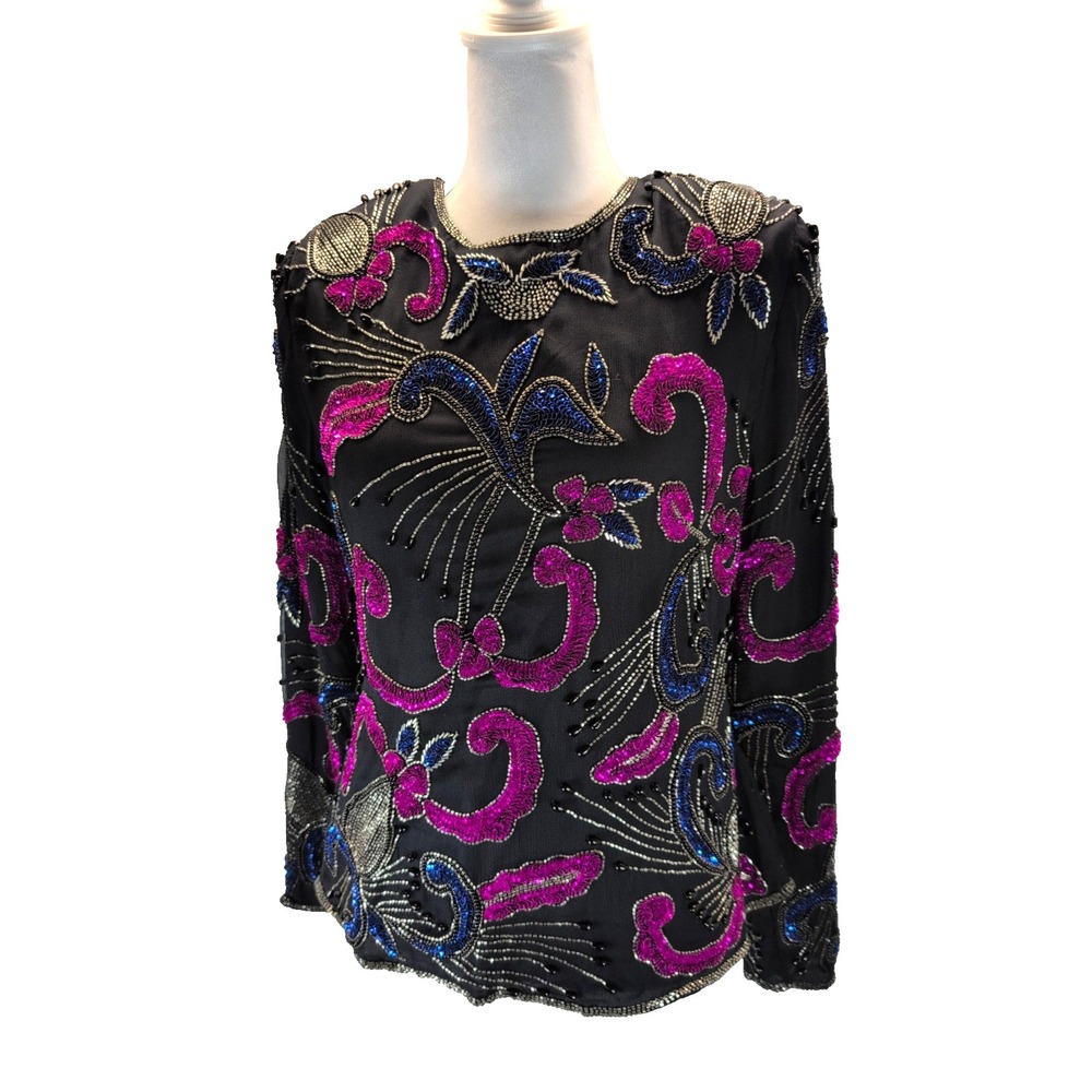 VINTAGE SCALA Women's Blouse Sequin Floral Pattern Petite Medium Black Silk Long